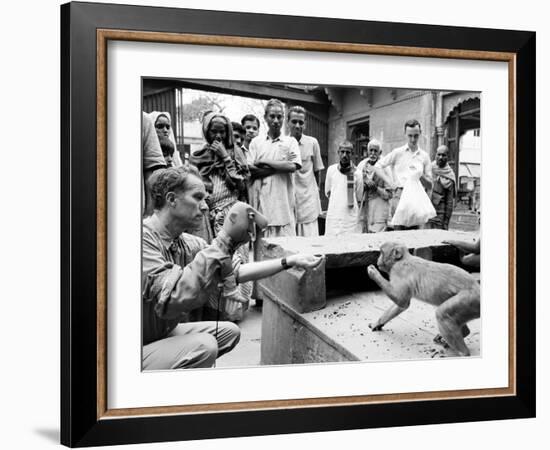 Puppeteer Bil Baird playing with a monkey, March 1962.-James Burke-Framed Premium Photographic Print