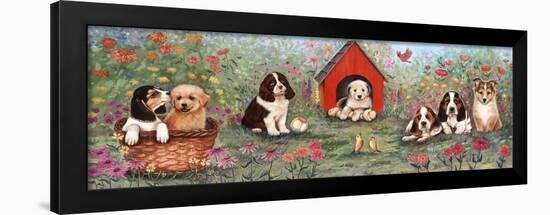 Puppies and Doghouse Border-Judy Mastrangelo-Framed Giclee Print