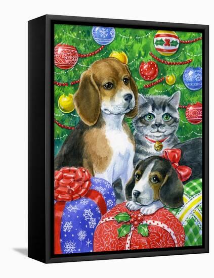 Puppies and Kitten under the Tree-Geraldine Aikman-Framed Premier Image Canvas