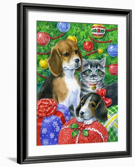 Puppies and Kitten under the Tree-Geraldine Aikman-Framed Giclee Print