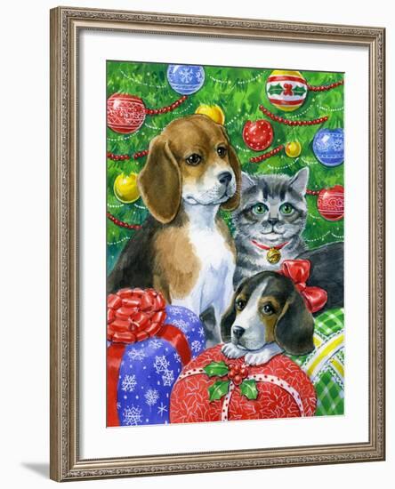 Puppies and Kitten under the Tree-Geraldine Aikman-Framed Giclee Print