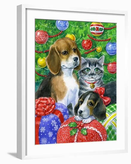 Puppies and Kitten under the Tree-Geraldine Aikman-Framed Giclee Print