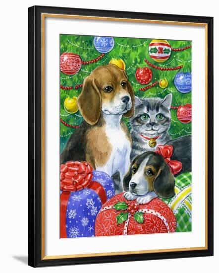 Puppies and Kitten under the Tree-Geraldine Aikman-Framed Giclee Print