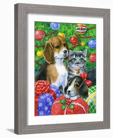 Puppies and Kitten under the Tree-Geraldine Aikman-Framed Giclee Print