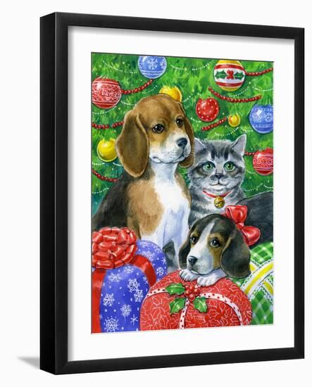 Puppies and Kitten under the Tree-Geraldine Aikman-Framed Giclee Print