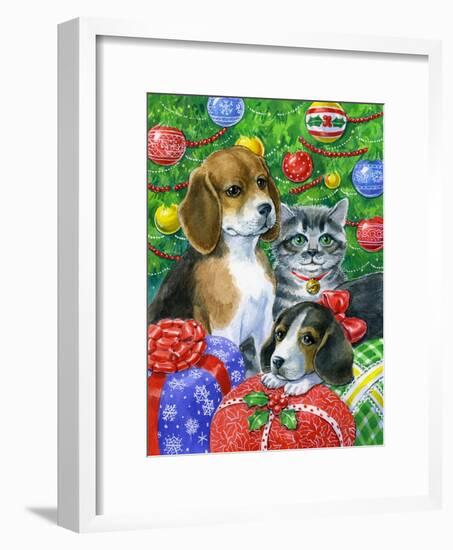 Puppies and Kitten under the Tree-Geraldine Aikman-Framed Giclee Print