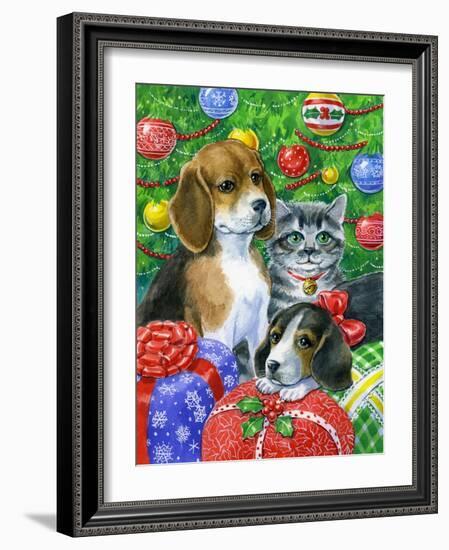 Puppies and Kitten under the Tree-Geraldine Aikman-Framed Giclee Print