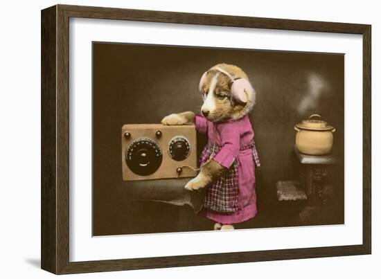 Puppy in Apron with Radio Receiver-null-Framed Premium Giclee Print