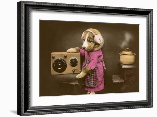 Puppy in Apron with Radio Receiver-null-Framed Premium Giclee Print