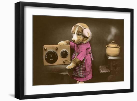 Puppy in Apron with Radio Receiver-null-Framed Art Print