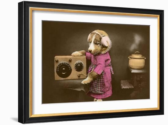 Puppy in Apron with Radio Receiver-null-Framed Art Print