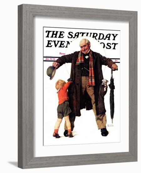 "Puppy in the Pocket" or "The Gift" Saturday Evening Post Cover, January 25,1936-Norman Rockwell-Framed Giclee Print