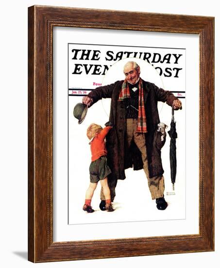 "Puppy in the Pocket" or "The Gift" Saturday Evening Post Cover, January 25,1936-Norman Rockwell-Framed Giclee Print