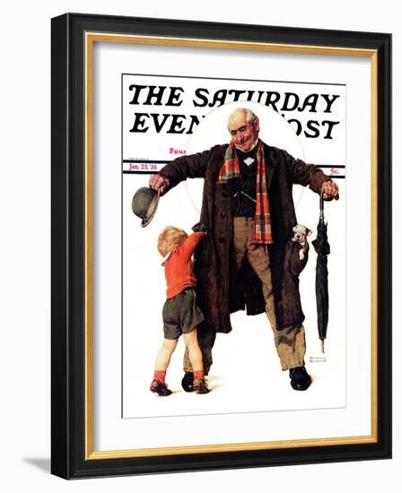 "Puppy in the Pocket" or "The Gift" Saturday Evening Post Cover, January 25,1936-Norman Rockwell-Framed Giclee Print