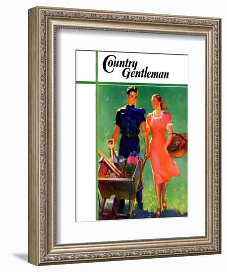 "Pushing Her Wheelbarrow," Country Gentleman Cover, April 1, 1938-F. Sands Brunner-Framed Giclee Print
