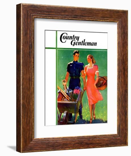 "Pushing Her Wheelbarrow," Country Gentleman Cover, April 1, 1938-F. Sands Brunner-Framed Giclee Print