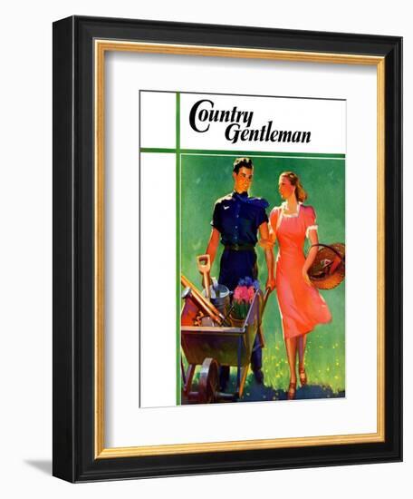 "Pushing Her Wheelbarrow," Country Gentleman Cover, April 1, 1938-F. Sands Brunner-Framed Giclee Print