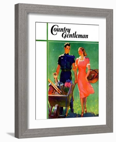 "Pushing Her Wheelbarrow," Country Gentleman Cover, April 1, 1938-F. Sands Brunner-Framed Giclee Print