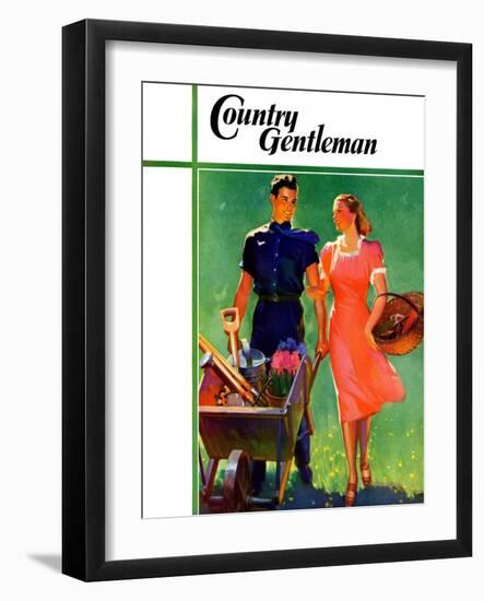 "Pushing Her Wheelbarrow," Country Gentleman Cover, April 1, 1938-F. Sands Brunner-Framed Giclee Print