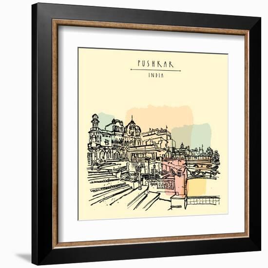 Pushkar, Rajasthan, India. Brahma Ghat. Colored Vintage Touristic Postcard, Poster Template, Calend-babayuka-Framed Art Print