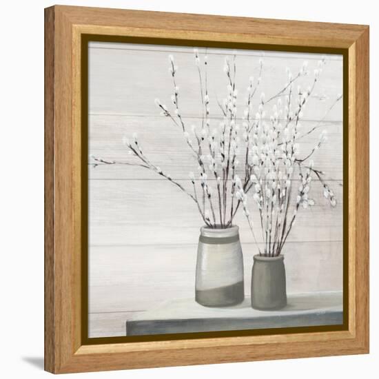 Pussy Willow Still Life Gray Pots Shiplap-Julia Purinton-Framed Stretched Canvas