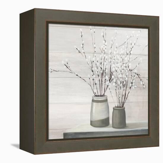 Pussy Willow Still Life Gray Pots Shiplap-Julia Purinton-Framed Stretched Canvas