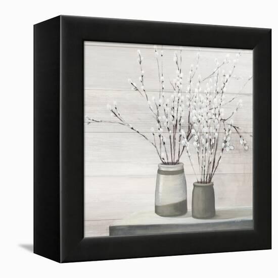 Pussy Willow Still Life Gray Pots Shiplap-Julia Purinton-Framed Stretched Canvas