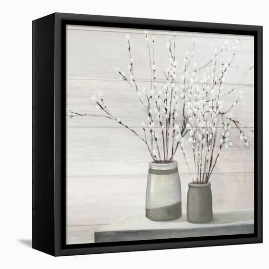 Pussy Willow Still Life Gray Pots Shiplap-Julia Purinton-Framed Stretched Canvas