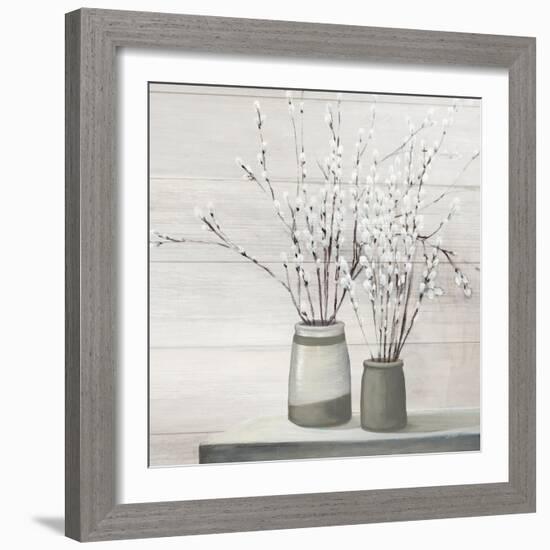 Pussy Willow Still Life Gray Pots Shiplap-Julia Purinton-Framed Art Print