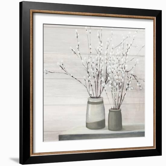 Pussy Willow Still Life Gray Pots Shiplap-Julia Purinton-Framed Art Print