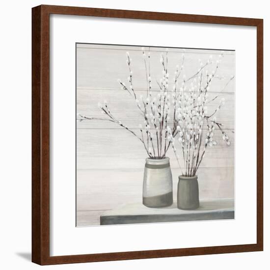 Pussy Willow Still Life Gray Pots Shiplap-Julia Purinton-Framed Art Print