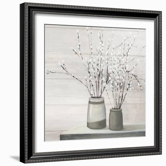 Pussy Willow Still Life Gray Pots Shiplap-Julia Purinton-Framed Art Print