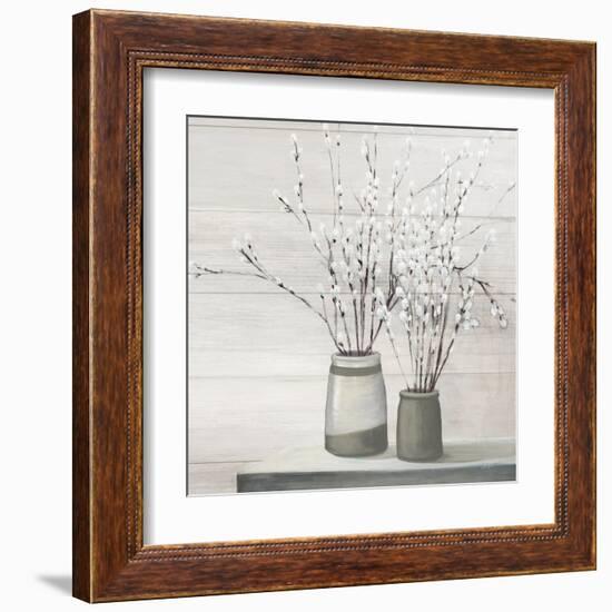 Pussy Willow Still Life Gray Pots Shiplap-Julia Purinton-Framed Art Print