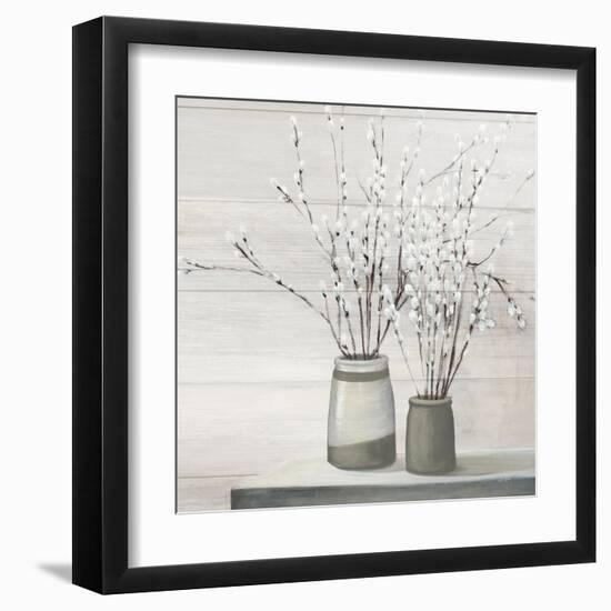 Pussy Willow Still Life Gray Pots Shiplap-Julia Purinton-Framed Art Print