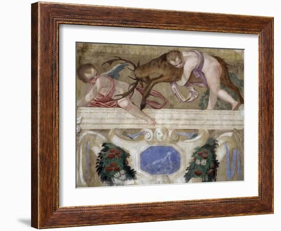 Putti with a Fawn and Fruit Festoons, 1569-70-Giovanni Battista Zelotti-Framed Giclee Print