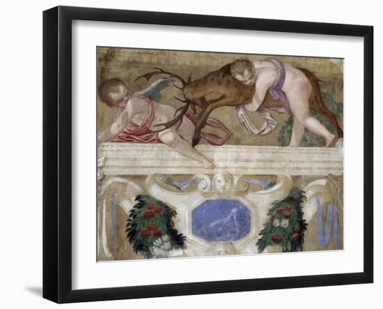 Putti with a Fawn and Fruit Festoons, 1569-70-Giovanni Battista Zelotti-Framed Giclee Print