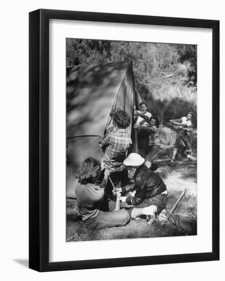 Putting Up a Tent, Some Junior High Girl Scouts Working Toward Camp Craft Badge-Ed Clark-Framed Photographic Print