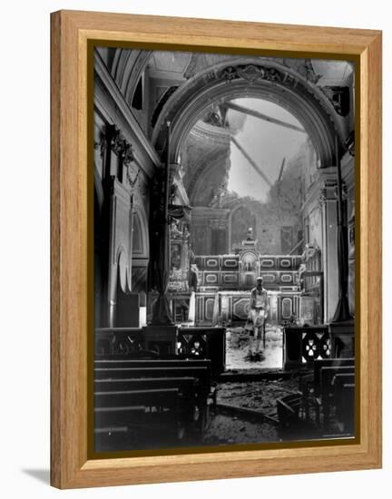 Pvt. Paul Oglesby, 30th Infantry, Standing in Reverence Before Altar in Damaged Catholic Church-Benson-Framed Premier Image Canvas