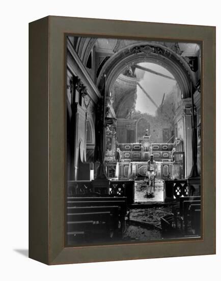 Pvt. Paul Oglesby, 30th Infantry, Standing in Reverence Before Altar in Damaged Catholic Church-Benson-Framed Premier Image Canvas