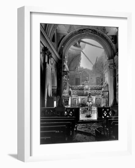 Pvt. Paul Oglesby, 30th Infantry, Standing in Reverence Before Altar in Damaged Catholic Church-Benson-Framed Photographic Print