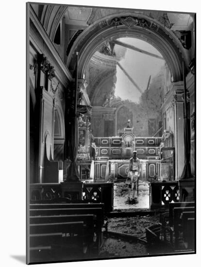 Pvt. Paul Oglesby, 30th Infantry, Standing in Reverence Before Altar in Damaged Catholic Church-Benson-Mounted Photographic Print