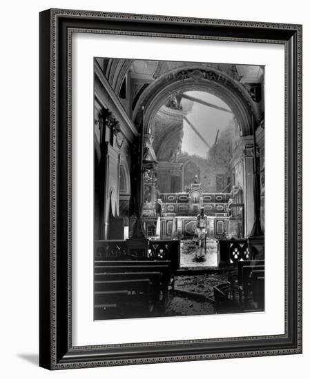Pvt. Paul Oglesby, 30th Infantry, Standing in Reverence Before Altar in Damaged Catholic Church-Benson-Framed Photographic Print