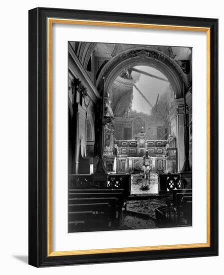 Pvt. Paul Oglesby, 30th Infantry, Standing in Reverence Before Altar in Damaged Catholic Church-Benson-Framed Photographic Print