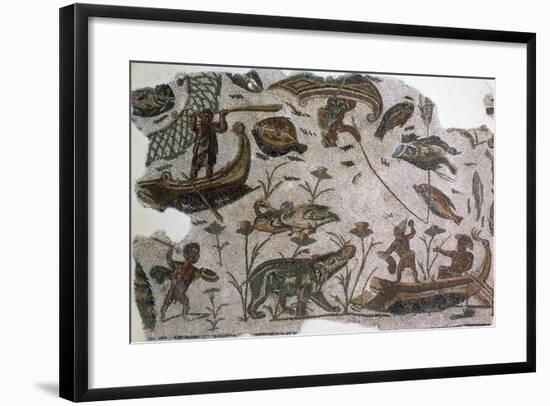 Pygmies, Fish, Ducks and Hippopotamus, Detail from Mosaic Depicting Nilotic Landscape-null-Framed Giclee Print