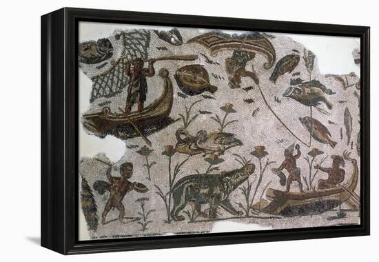 Pygmies, Fish, Ducks and Hippopotamus, Detail from Mosaic Depicting Nilotic Landscape-null-Framed Premier Image Canvas