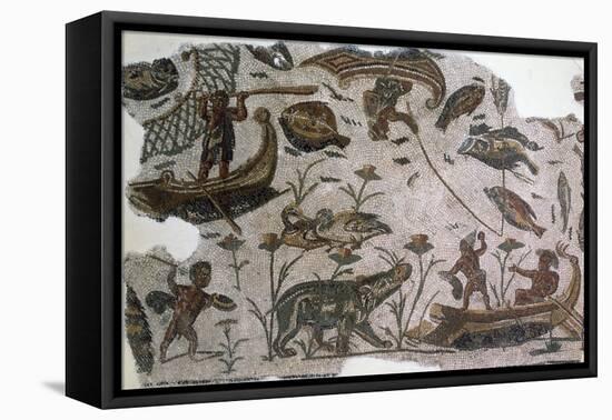 Pygmies, Fish, Ducks and Hippopotamus, Detail from Mosaic Depicting Nilotic Landscape-null-Framed Premier Image Canvas