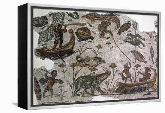 Pygmies, Fish, Ducks and Hippopotamus, Detail from Mosaic Depicting Nilotic Landscape-null-Framed Premier Image Canvas