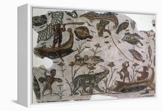 Pygmies, Fish, Ducks and Hippopotamus, Detail from Mosaic Depicting Nilotic Landscape-null-Framed Premier Image Canvas