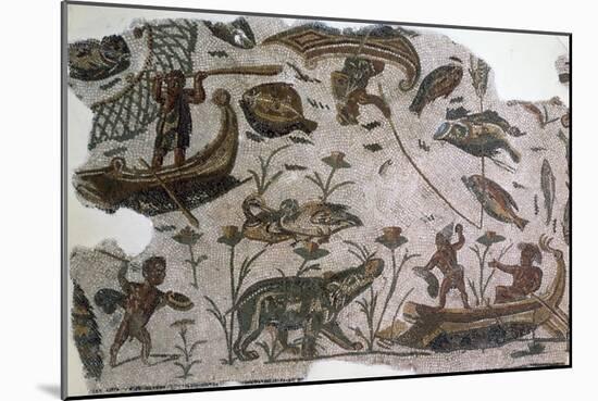 Pygmies, Fish, Ducks and Hippopotamus, Detail from Mosaic Depicting Nilotic Landscape-null-Mounted Giclee Print