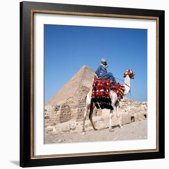 Pyramid Giza Egypt Man on Camel-null-Framed Photographic Print